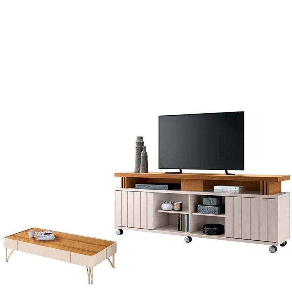 Rack Bancada Rivera Com Mesa De Centro Cadenza Cinamomo Off White – Hb Móveis
