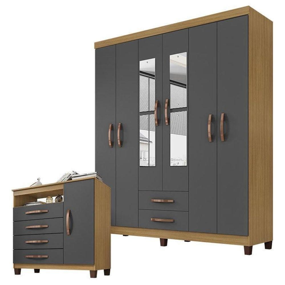 Guarda Roupa Casal Modena Com Espelho 6 Portas E Cômoda Sapateira Cannes Carvalho Americano Grafite – Incorplac
