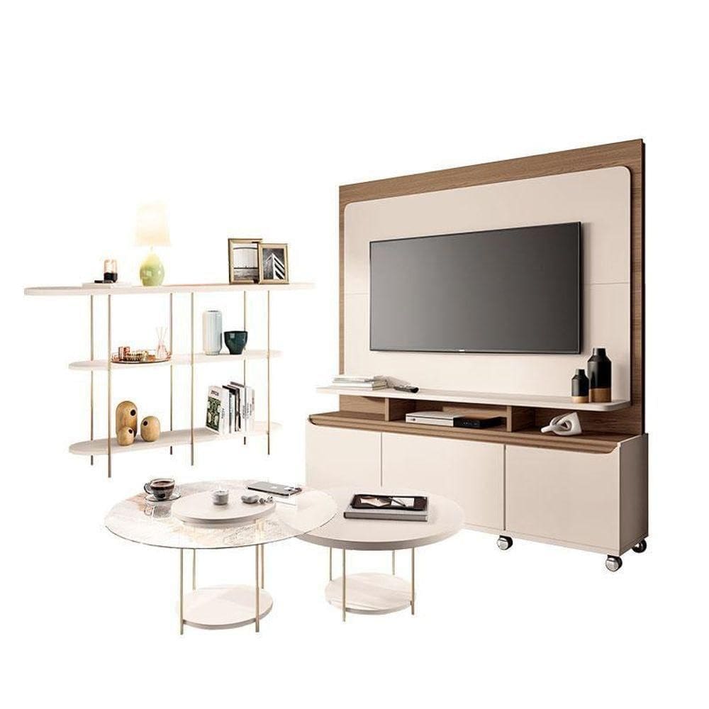 Estante Home Theater Quantum Off White Castanho E Aparador Infinity E Kit Mesa De Centro Sky Off White – Hb Móveis