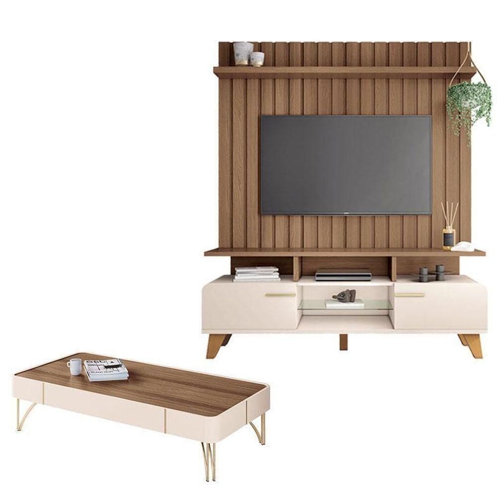 Rack Bancada Essenza E Painel Link Com Mesa De Centro Cadenza Off White Castanho – Hb Móveis