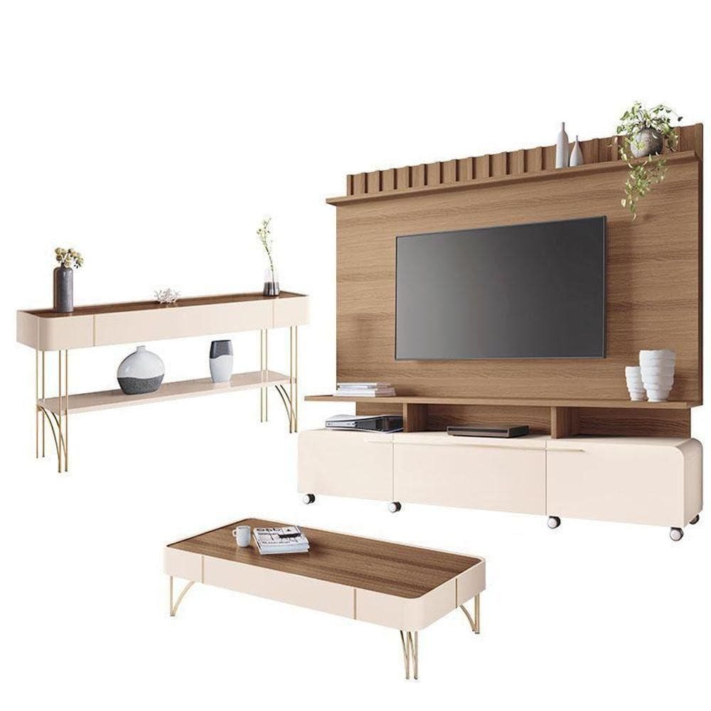 Estante Home Theater Artís E Aparador Vivant E Mesa De Centro Cadenza Castanho Off White – Hb Móveis