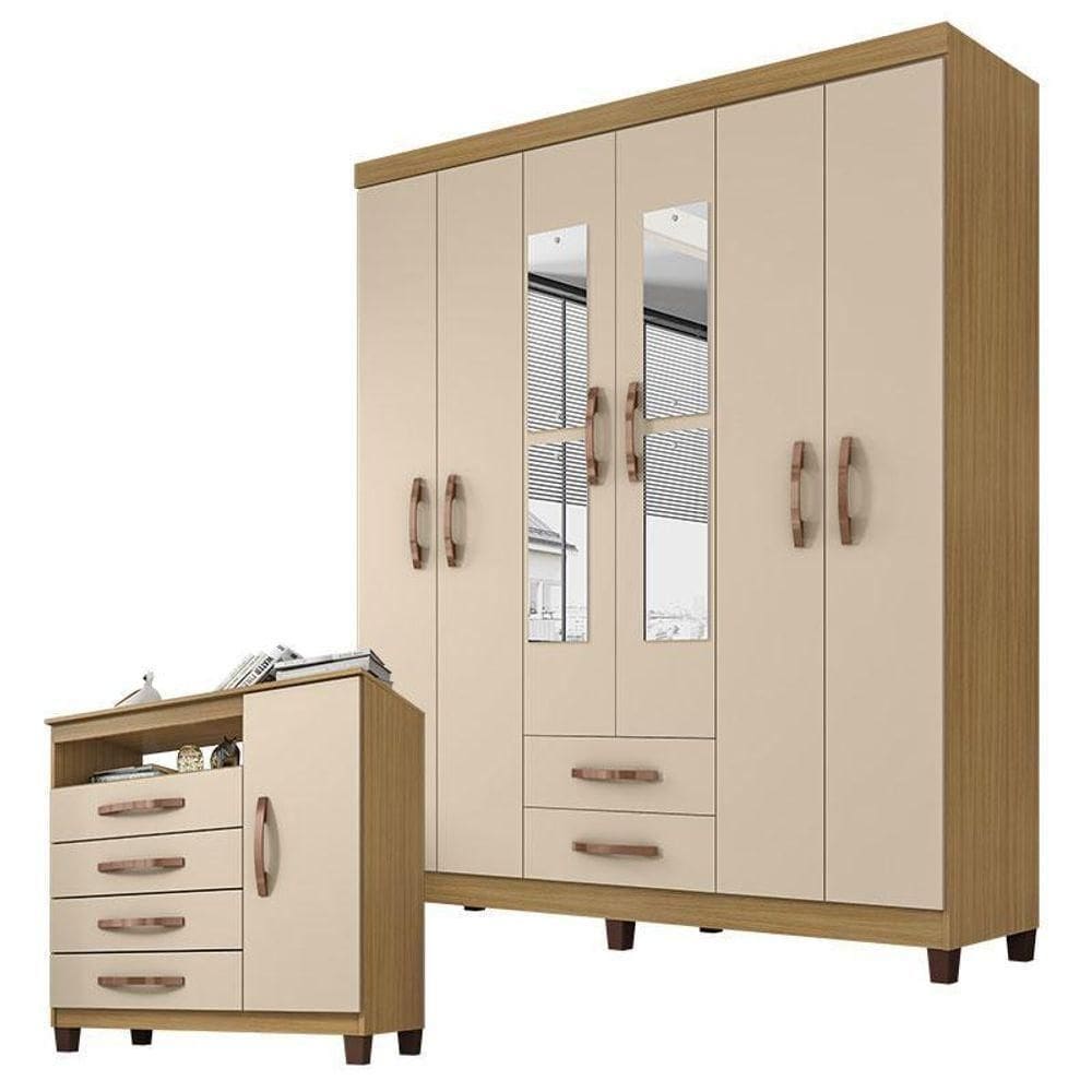 Guarda Roupa Casal Modena Com Espelho 6 Portas E Cômoda Sapateira Cannes Carvalho Americano Off White – Incorplac