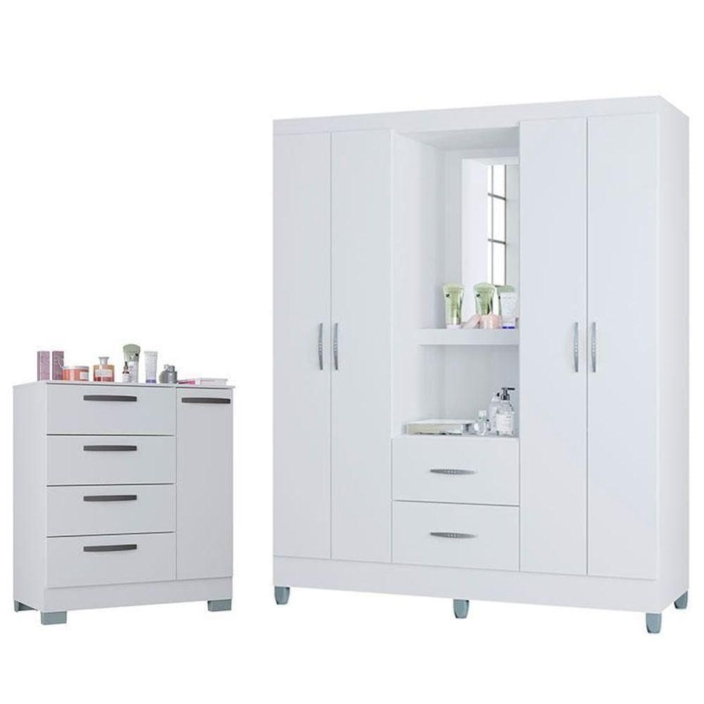 Cômoda 868 4 Gavetas E 1 Porta Com Guarda Roupa Solteiro Córdoba 4 Portas Branco Brilho - Poquema