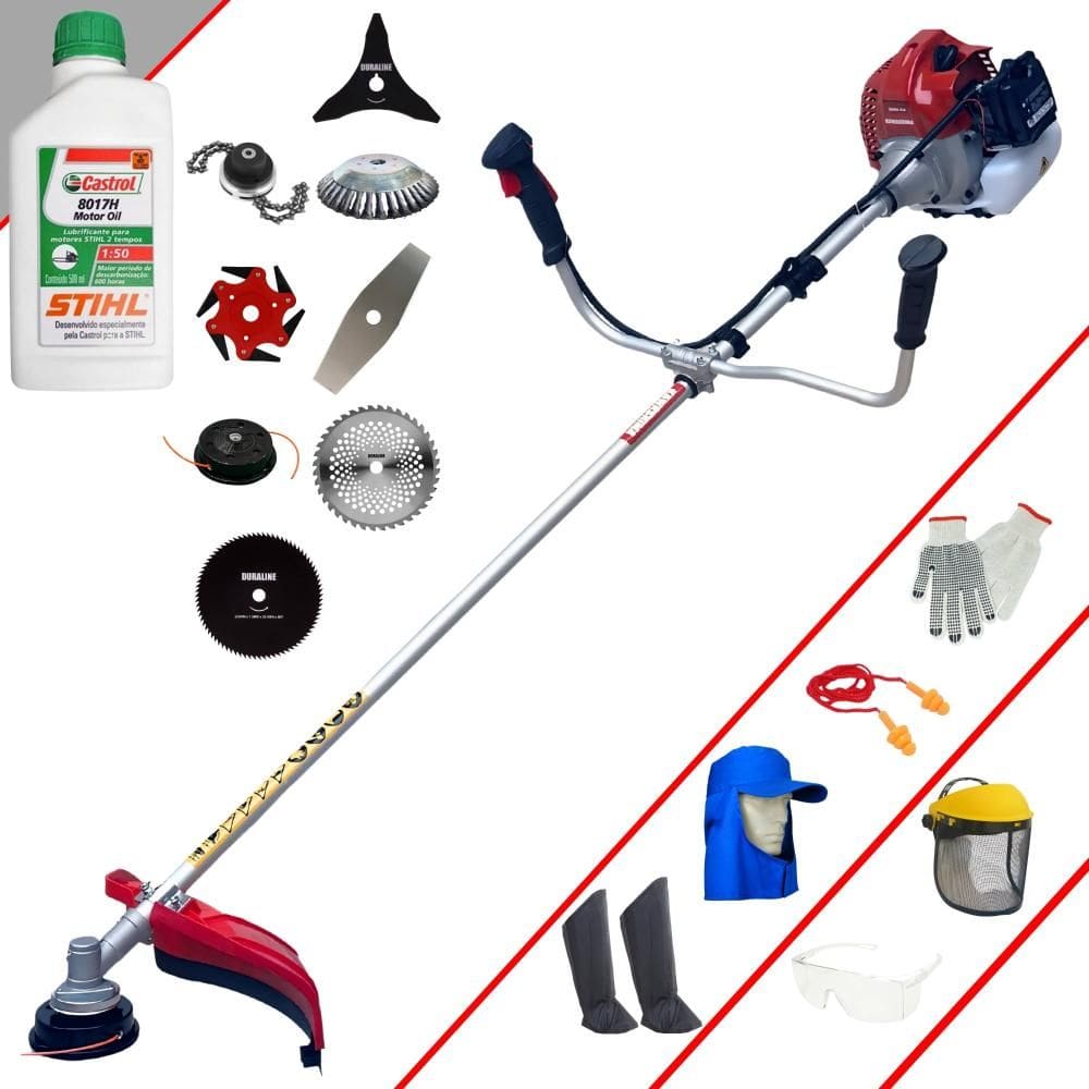 Roçadeira Kawashima BCJ431L 1,7HP 43cc + Facas 2 Pontas, 3 Pontas, 6 Pontas, 40 Dentes, 80 Dentes, Trimmer, Carretel, Escova + EPI + ÓLEO STIHL 2T