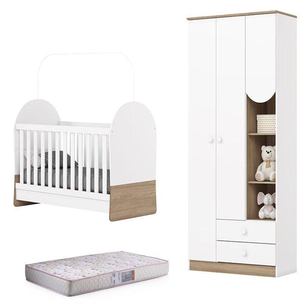 Guarda Roupa 3 Portas E Berço Mini Cama Magia Branco Jequitibá Com Colchão 130x60 Gazin - Henn