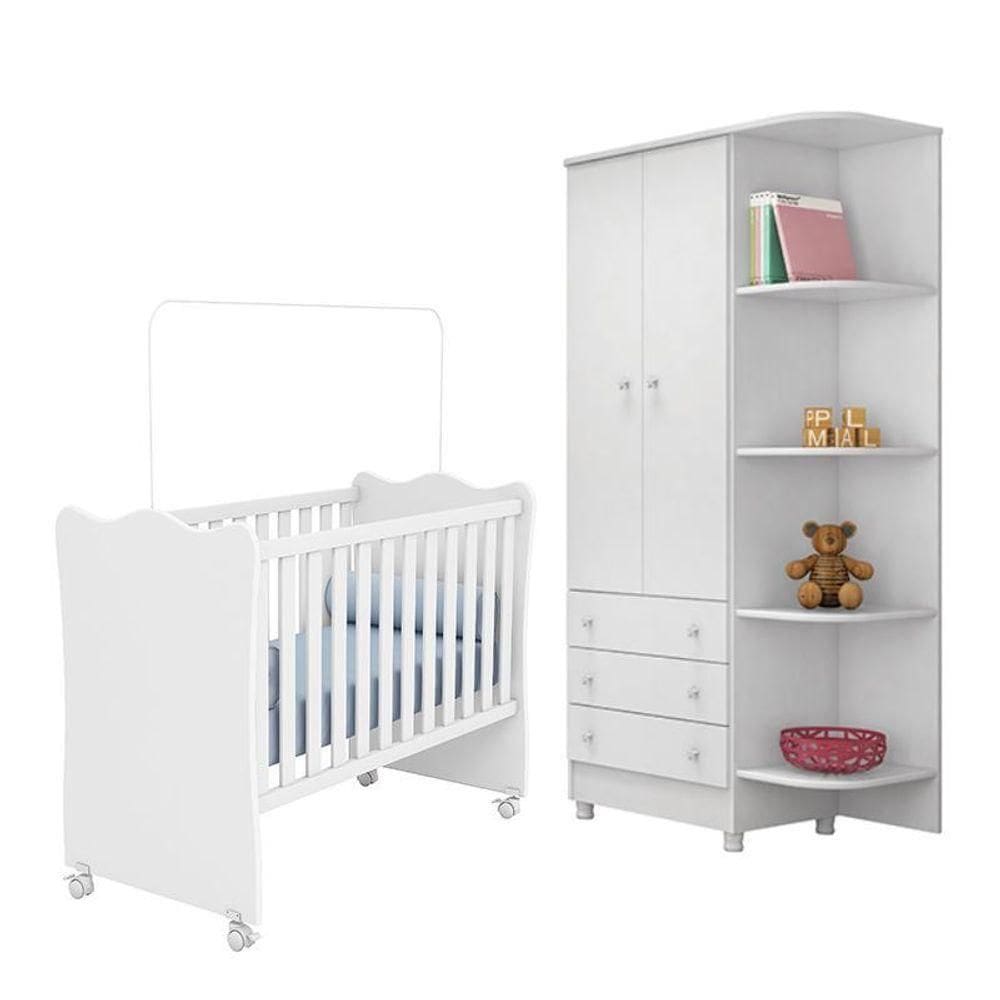 Jogo De Quarto Doce Sonho Guarda Roupa 2 Portas E Berço Branco Com Rodízio - Qmovi Branco