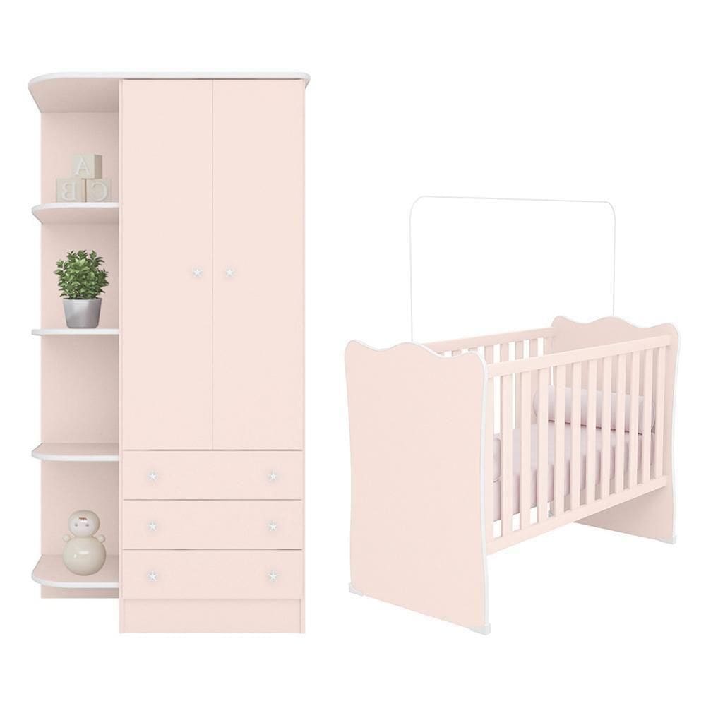 Jogo De Quarto Infantil Doce Sonho Guarda Roupa 2 Portas E Berço Rosa Acetinado - Qmovi Rosa Acetinado