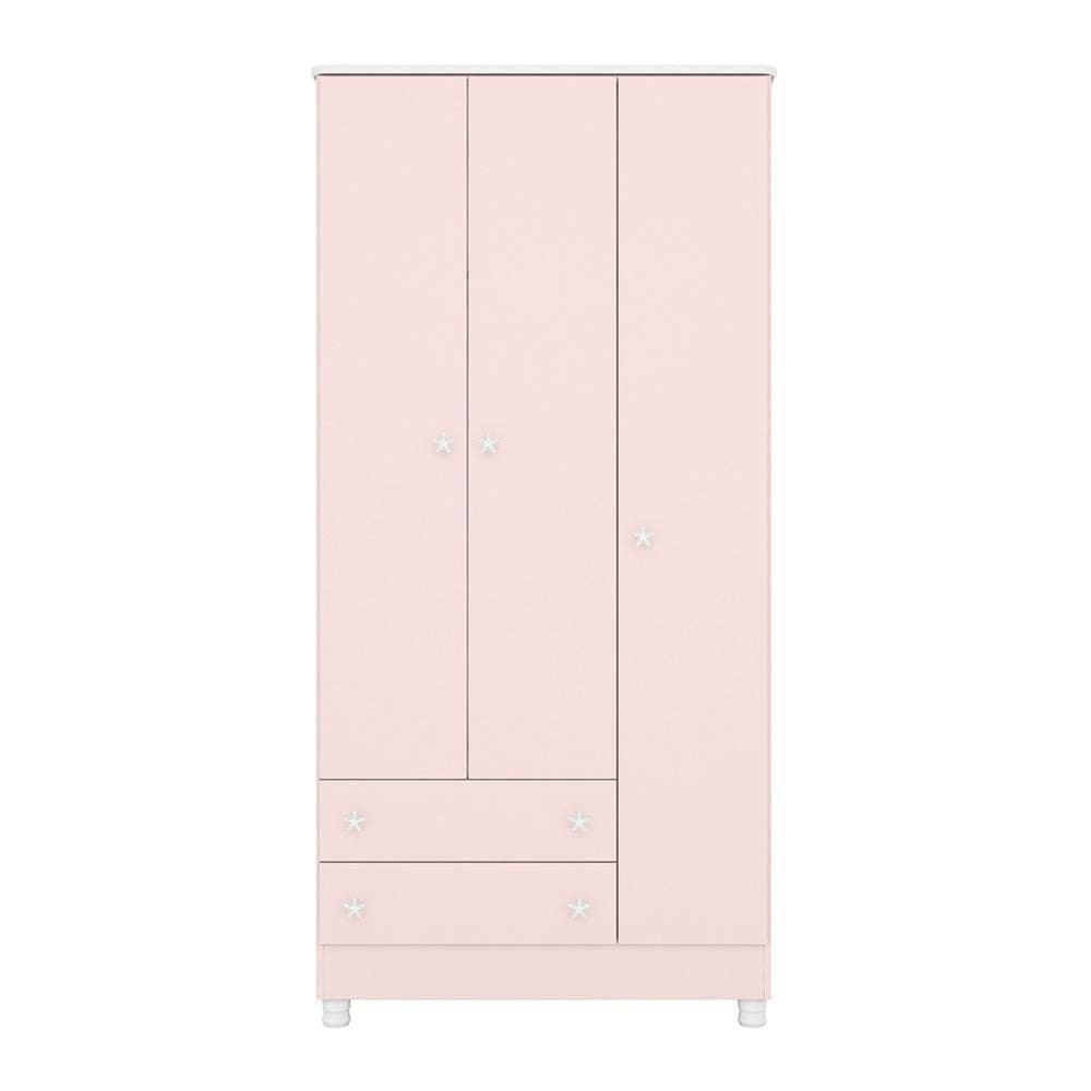Guarda Roupa Infantil 3 Portas E 2 Gavetas Doce Sonho Rosa Acetinado Com Pés - Qmovi Rosa Acetinado