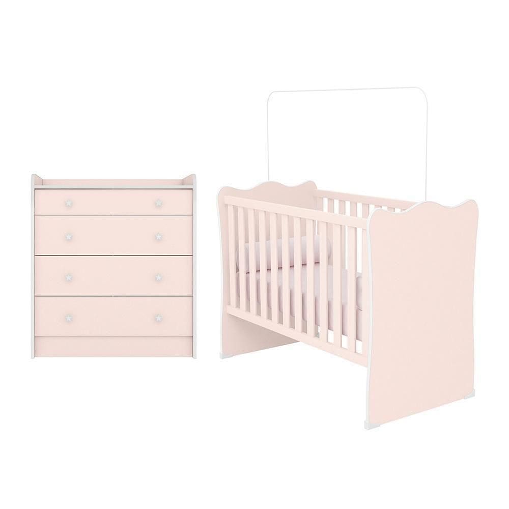 Jogo De Quarto Infantil Doce Sonho Com Cômoda Trocador E Berço Rosa Acetinado - Qmovi Rosa Acetinado
