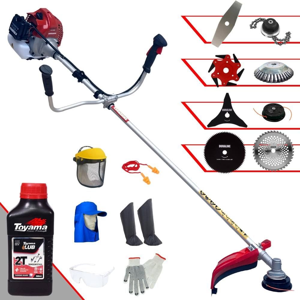 Roçadeira BCJ431L Kawashima 43cc Com Carretel + Facas 2 Pontas, 3 Pontas, 6 Pontas, 40 Dentes, 80 Dentes, Trimmer e Escova de Aço + EPI + ÓLEO TOYAMA