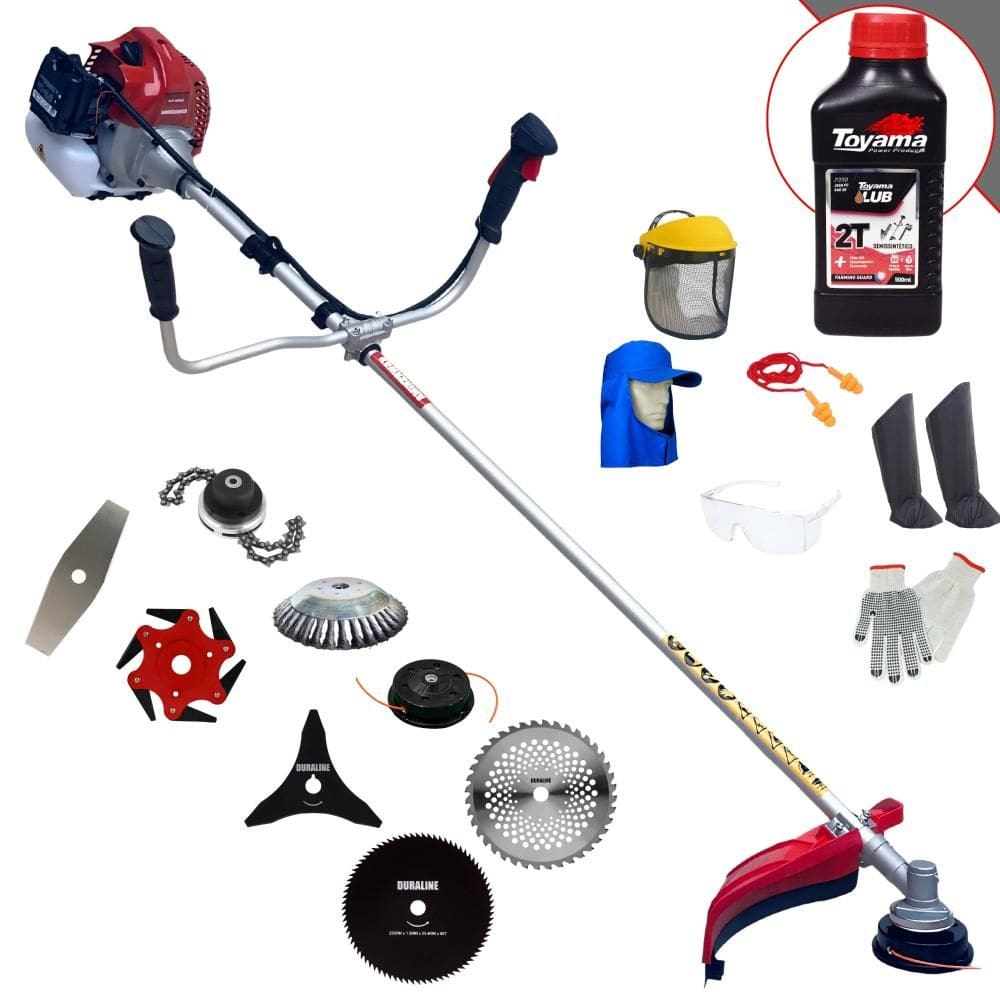Roçadeira Kawashima BCJ431-L 1,7HP 43cc + Facas 2 Pontas, 3 Pontas, 6 Pontas, 40 Dentes, 80 Dentes, Trimmer, Carretel, Escova + EPI + ÓLEO TOYAMA 2T