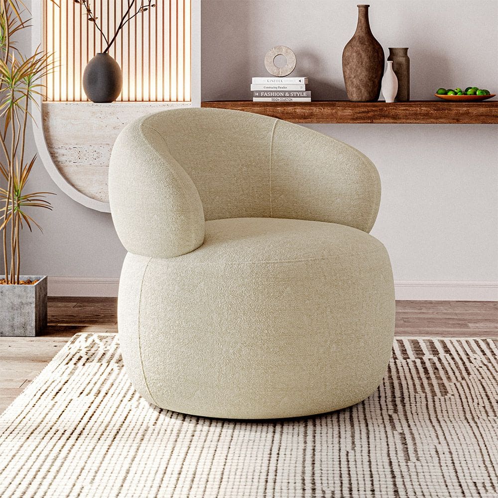 Poltrona Design Orgânico Moderno e Sofisticado Eloah Base Giratória Bouclé Italiano Bege