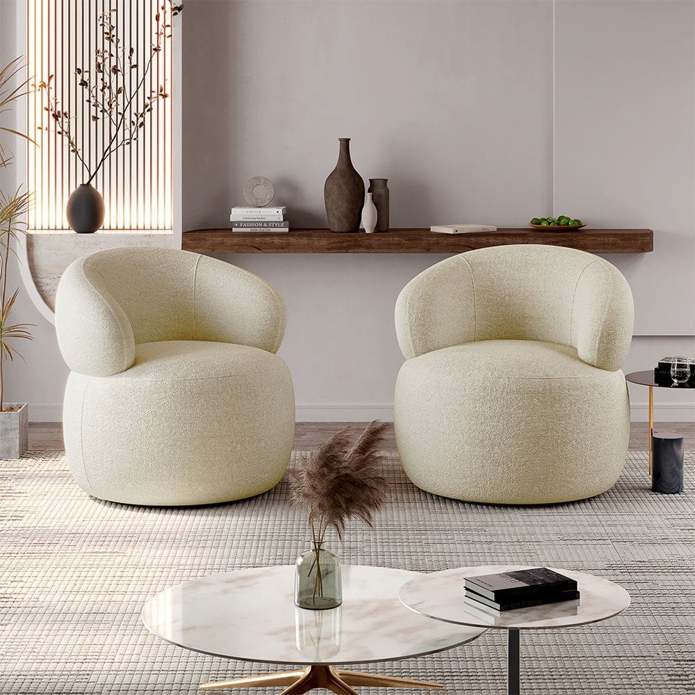Kit 2 Poltronas Design Orgânico Moderno e Sofisticado Eloah Base Giratória Bouclé Italiano Bege