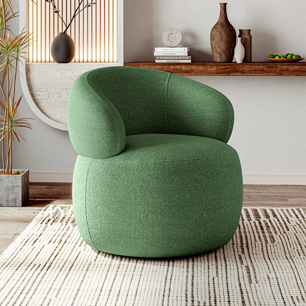Poltrona Design Orgânico Moderno e Sofisticado Eloah Base Giratória Bouclé Italiano Verde Selva