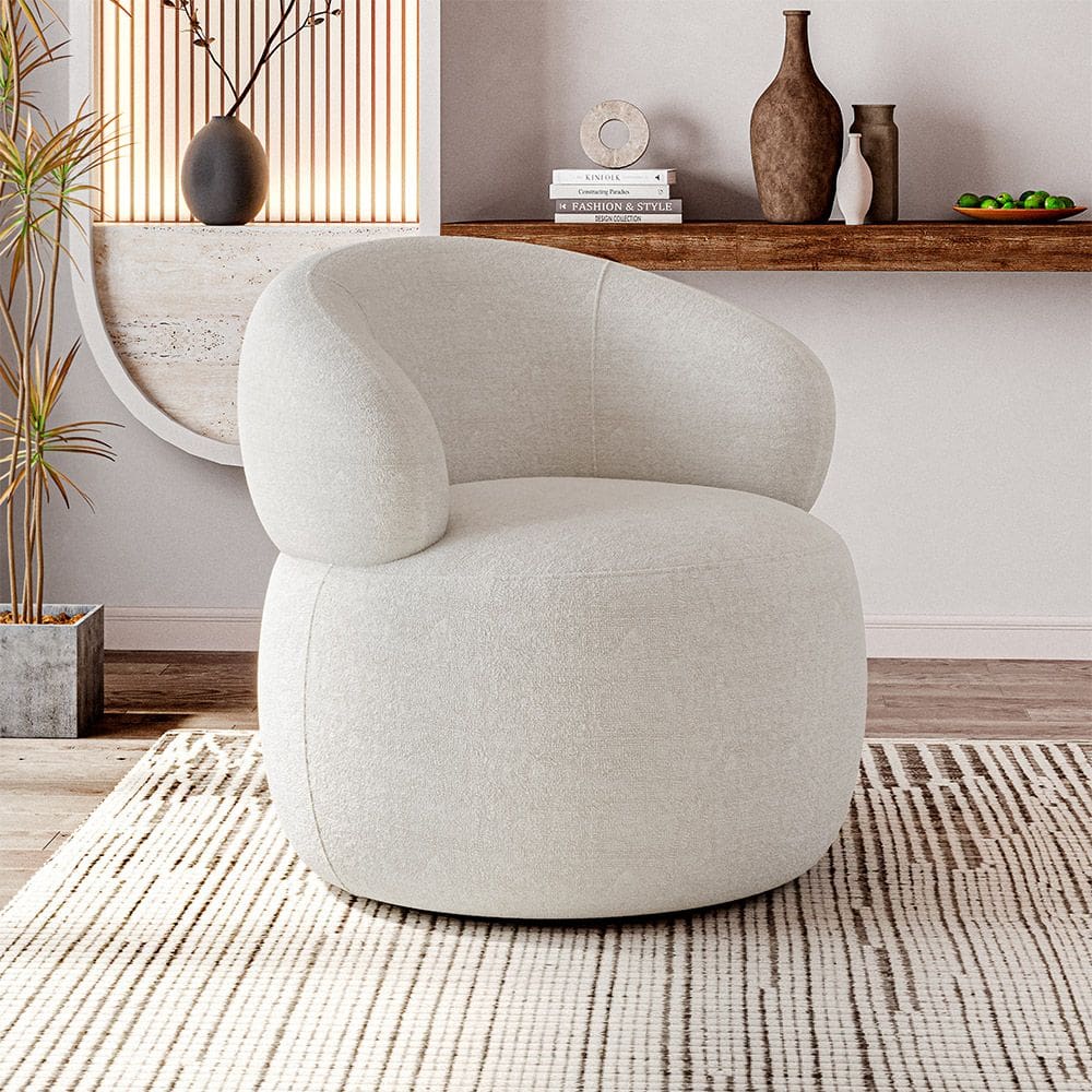 Poltrona Design Orgânico Moderno e Sofisticado Eloah Base Giratória Bouclé Italiano Off White