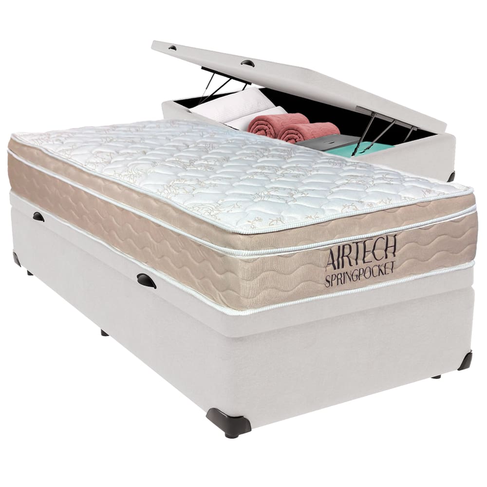 Cama Baú Solteiro Branco+Colchão Airtech Molas Ortobom