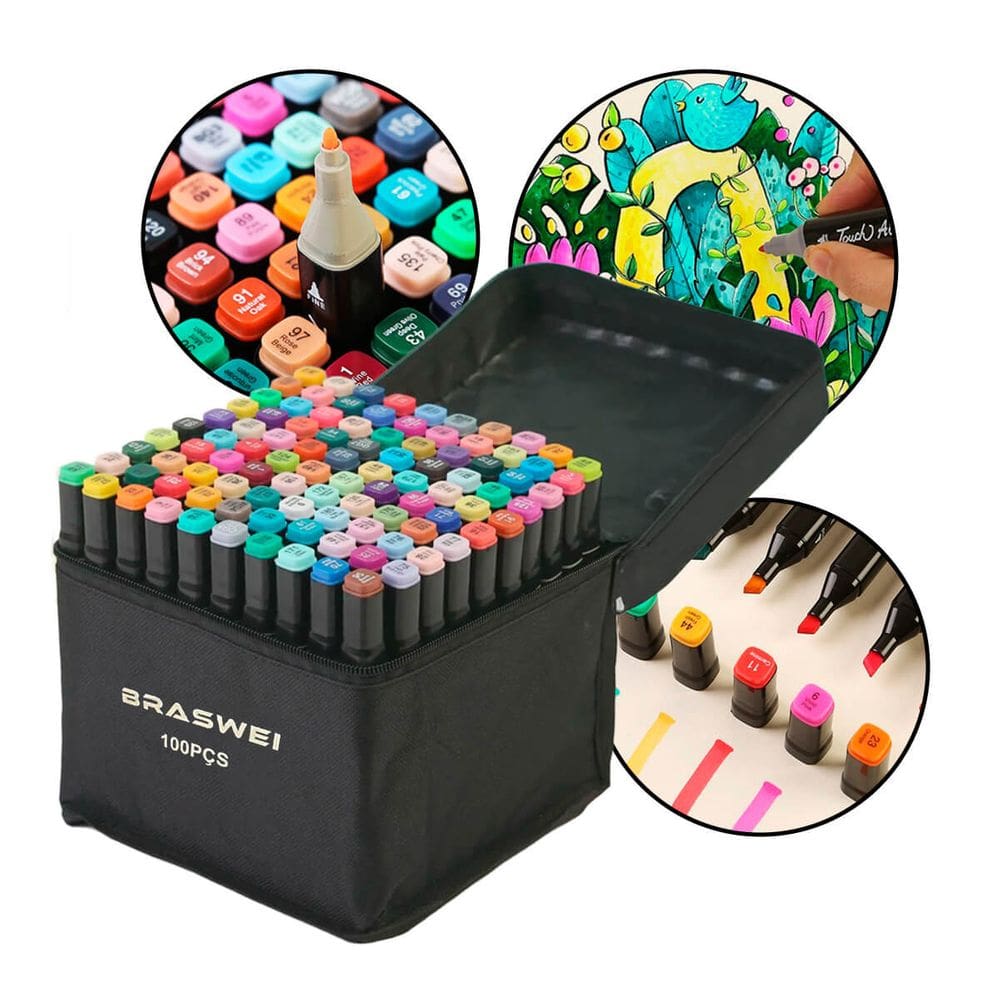 Kit com 100 Canetinhas Ponta Dupla, Tinta à Base de Água, Secagem Rápida, Estojo Resistente, Ideal para Lettering, Ilustração e Design Profissional