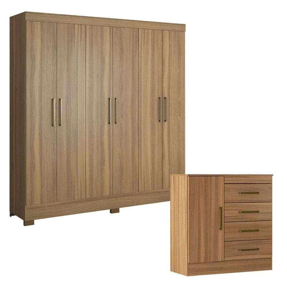 Cômoda Montevidéu E Guarda Roupa Casal Prático Amêndola Touch - Demóbile