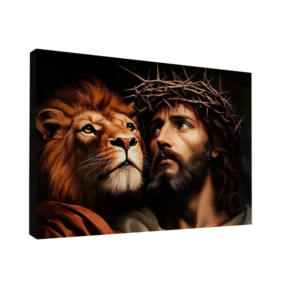 Quadro Decorativo Leão e Jesus com Coroa de Espinhos