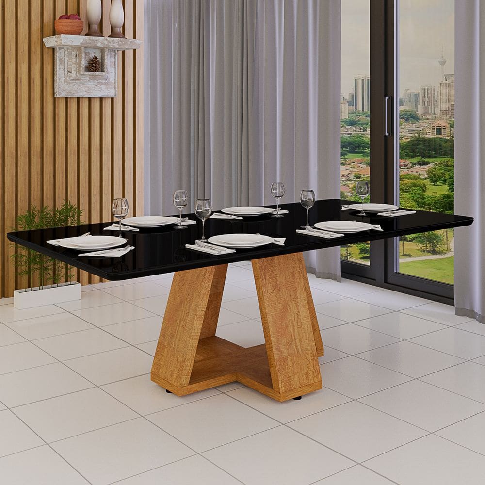 Mesa De Jantar 160x80 Para Cozinha e Sala de Estar 6 Lugares Mdf Luxo Com Vidro Temperado Moderna