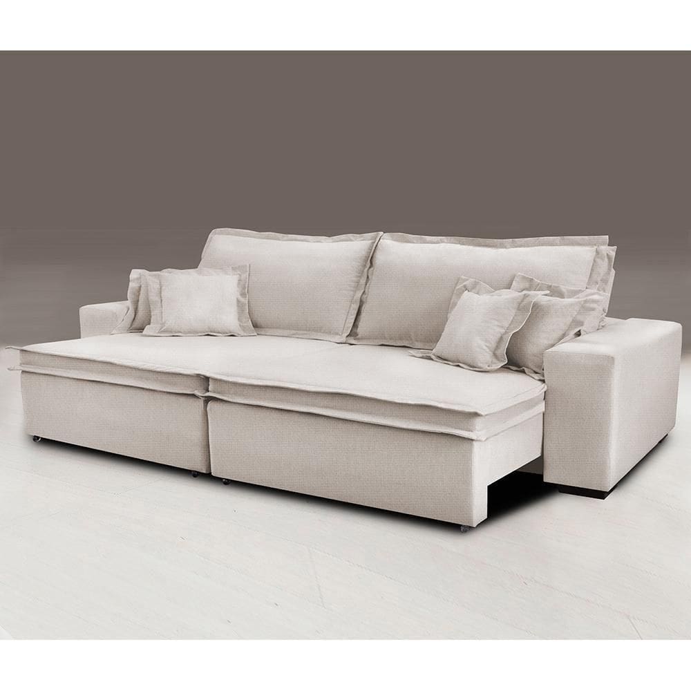 Sofa Retrátil E Reclinável Com Molas Cama Inbox Premium 2,72m Tecido Em Linho Bege Claro