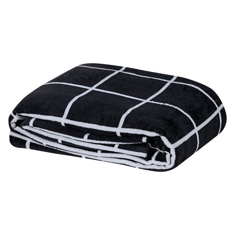 Manta Solteiro Square Microfibra Decorativa Preto