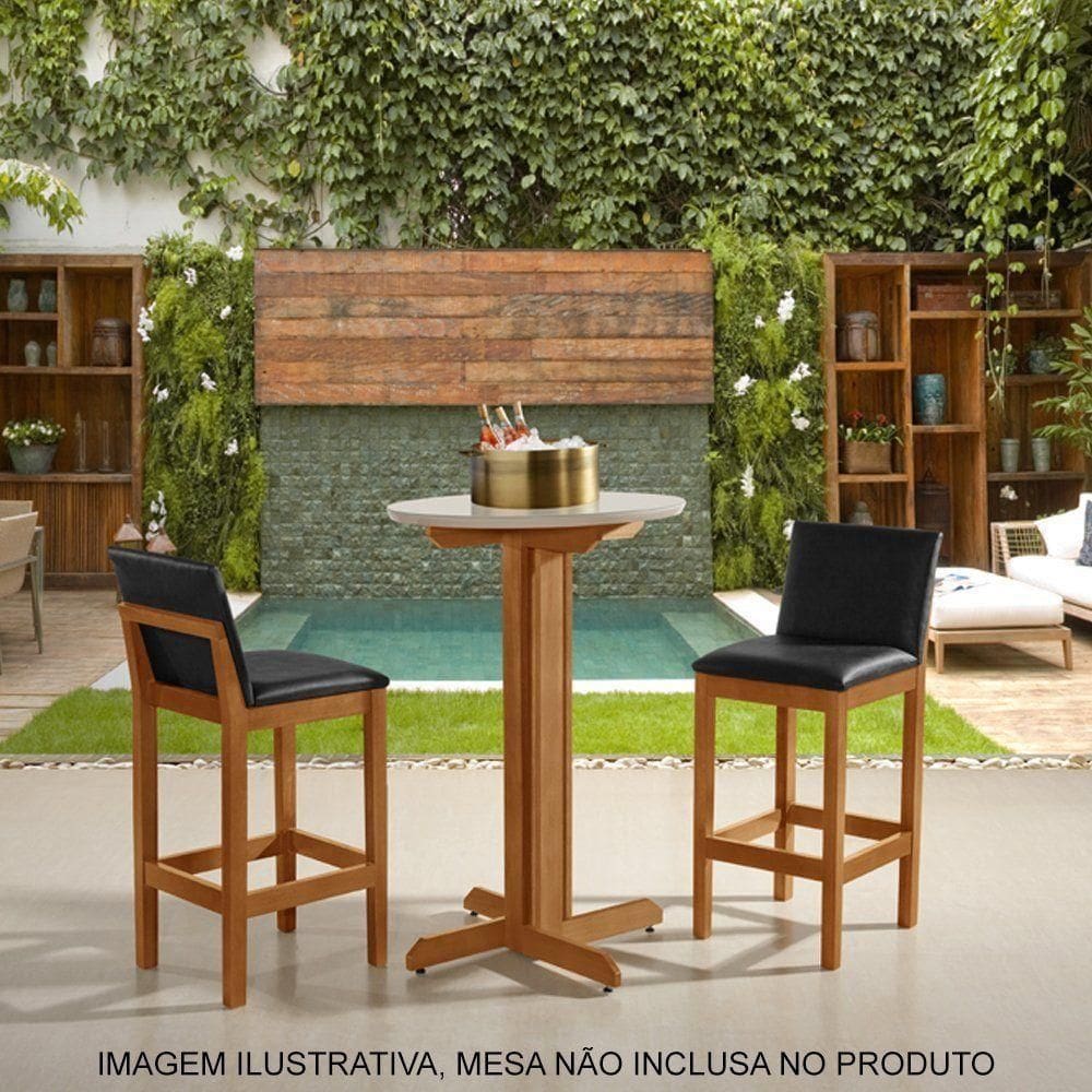 Kit 2 Banquetas Alta Luxo Pérola Com Encosto Estofada Em Couro Pu Preto Madeira Maciça Castanho
