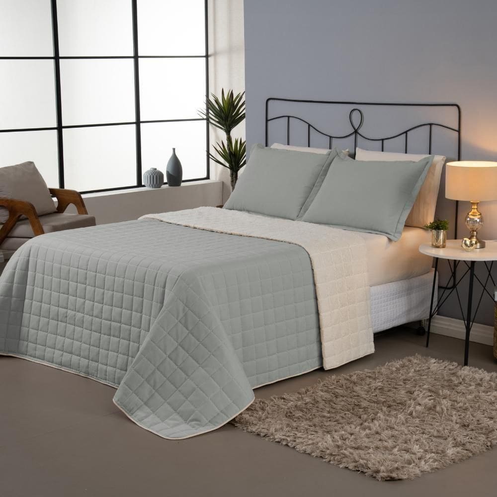 Cobertor Cobre Leito Casal Com Sherpa Dupla Face Kit 03 Peças - Cinza