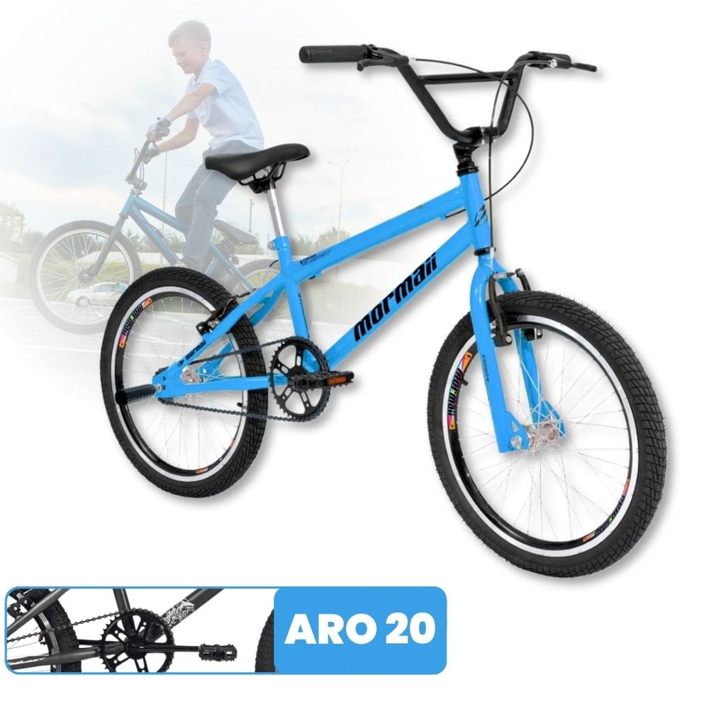 Bicicleta aro 20 MTB Cross Azul Estilo BMX Quadro 11" Cross aço carbono até 70 Kg V-brake Mormaii