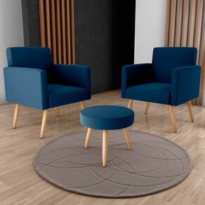 Conjunto p/ Sala Dallas 2 Poltronas Decorativas e 1 Puff Veludo Azul - Matrix