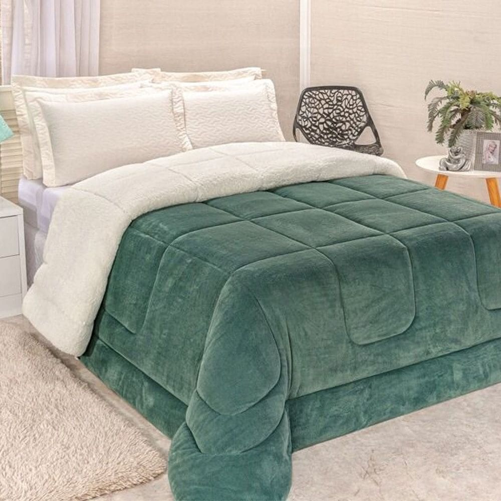 Edredom Coberdrom Pryme Solteiro Sherpa e Manta - Esmeralda