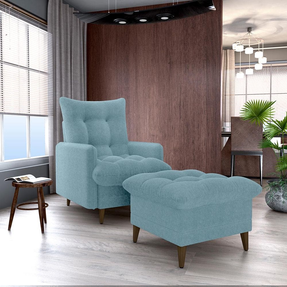 Conjunto p/ Sala Montreal 1 Poltrona Decorativas e 1 Puff Bouclê Azul - Matrix