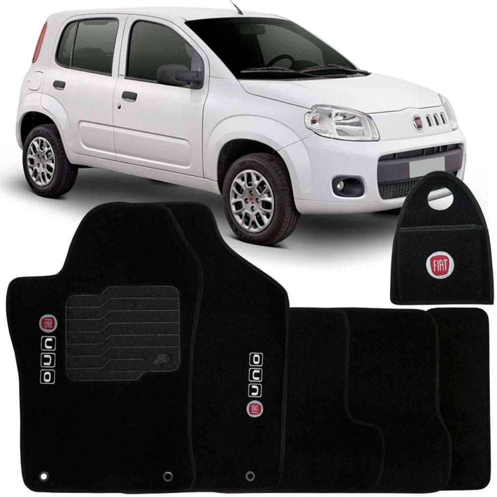 Jogo Tapete Automotivo Carpete + Lixeira Fiat Uno 2011 à 2018 Soft Logo Bordado Preto 6 Peças