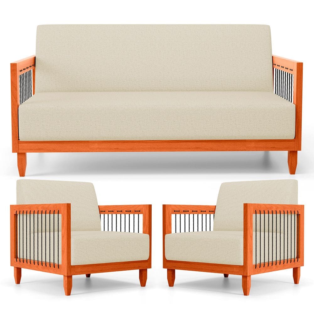 Kit 02 Poltronas e 01 Sofá Samoa Madeira Maciça com Cordas Náutica Linho Pérola - Abmaza