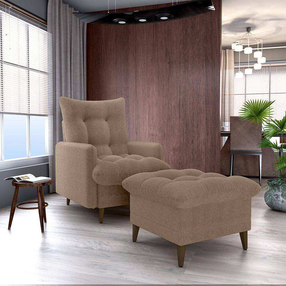 Conjunto p/ Sala Montreal 1 Poltrona Decorativas e 1 Puff Bouclê Marrom - Matrix