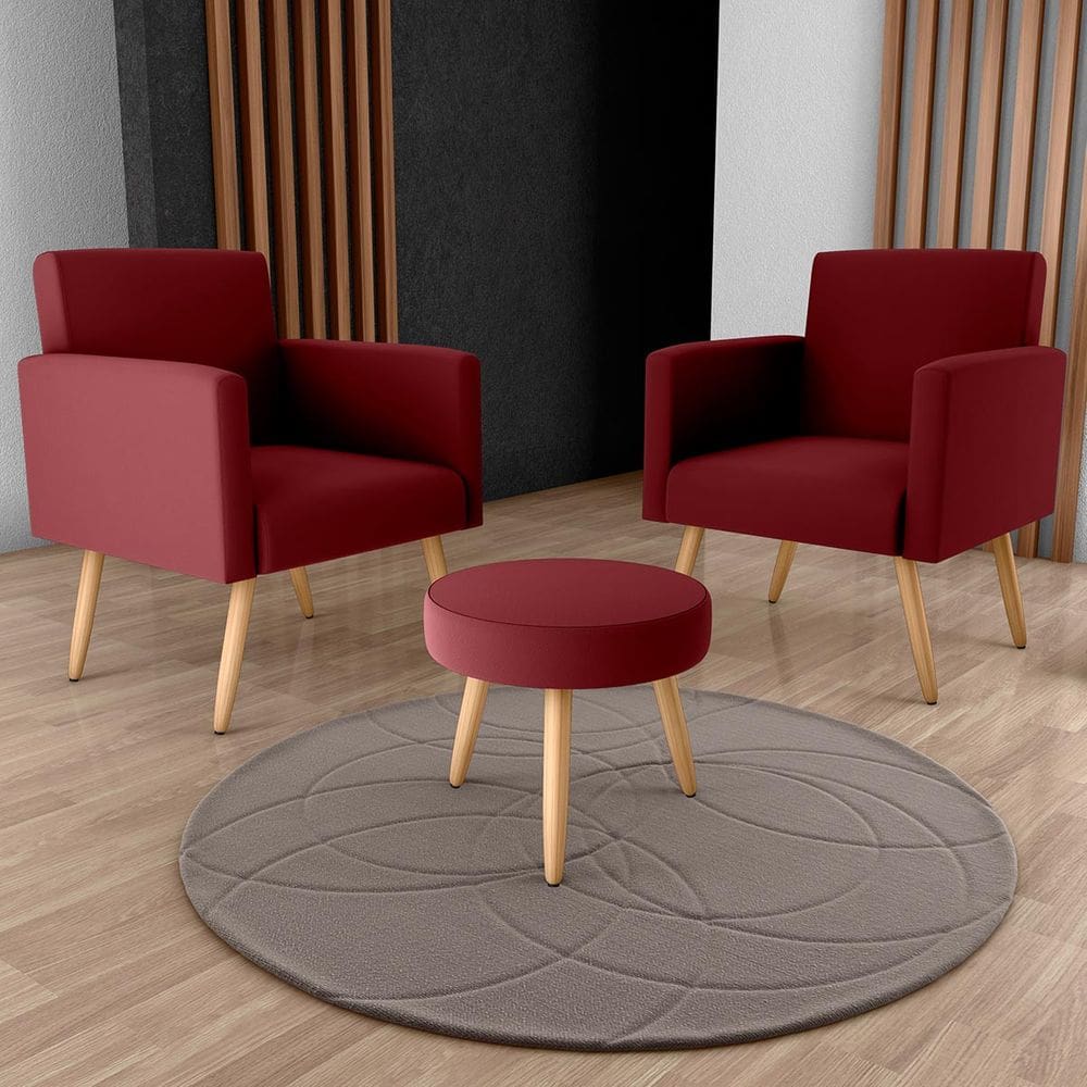 Conjunto p/ Sala Dallas 2 Poltronas Decorativas e 1 Puff Veludo Vermelho - Matrix