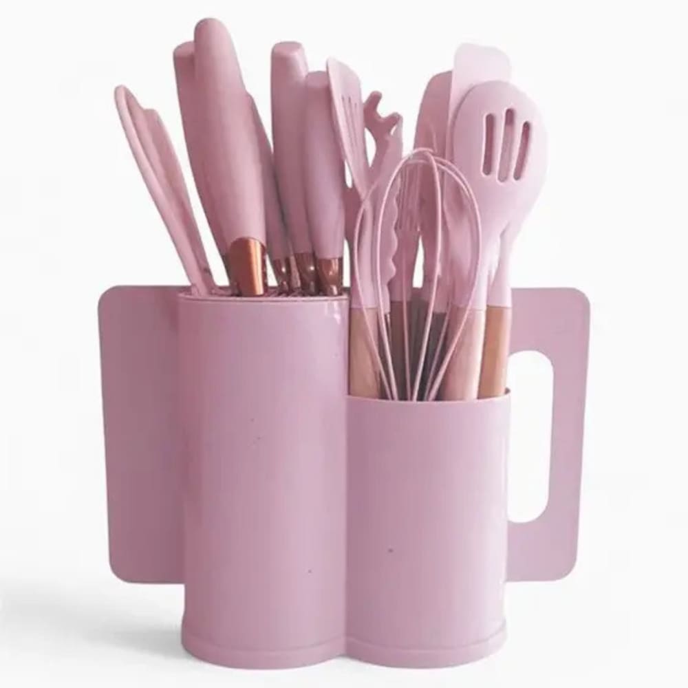 Kit 19 Utensílios Pequeno Cozinha Luxo Moderno Facas Tábua Rosa