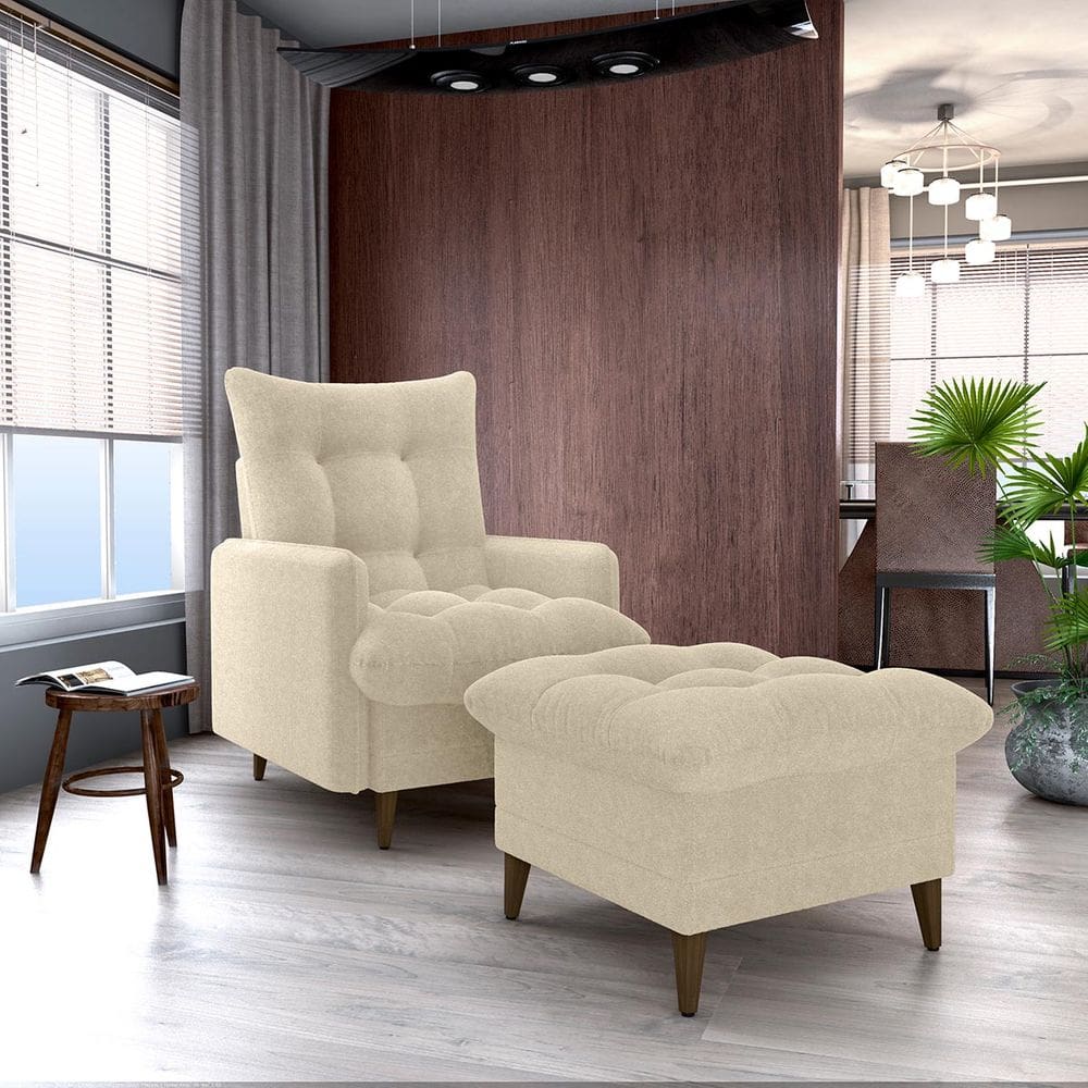 Conjunto p/ Sala Montreal 1 Poltrona Decorativas e 1 Puff Bouclê Natural - Matrix