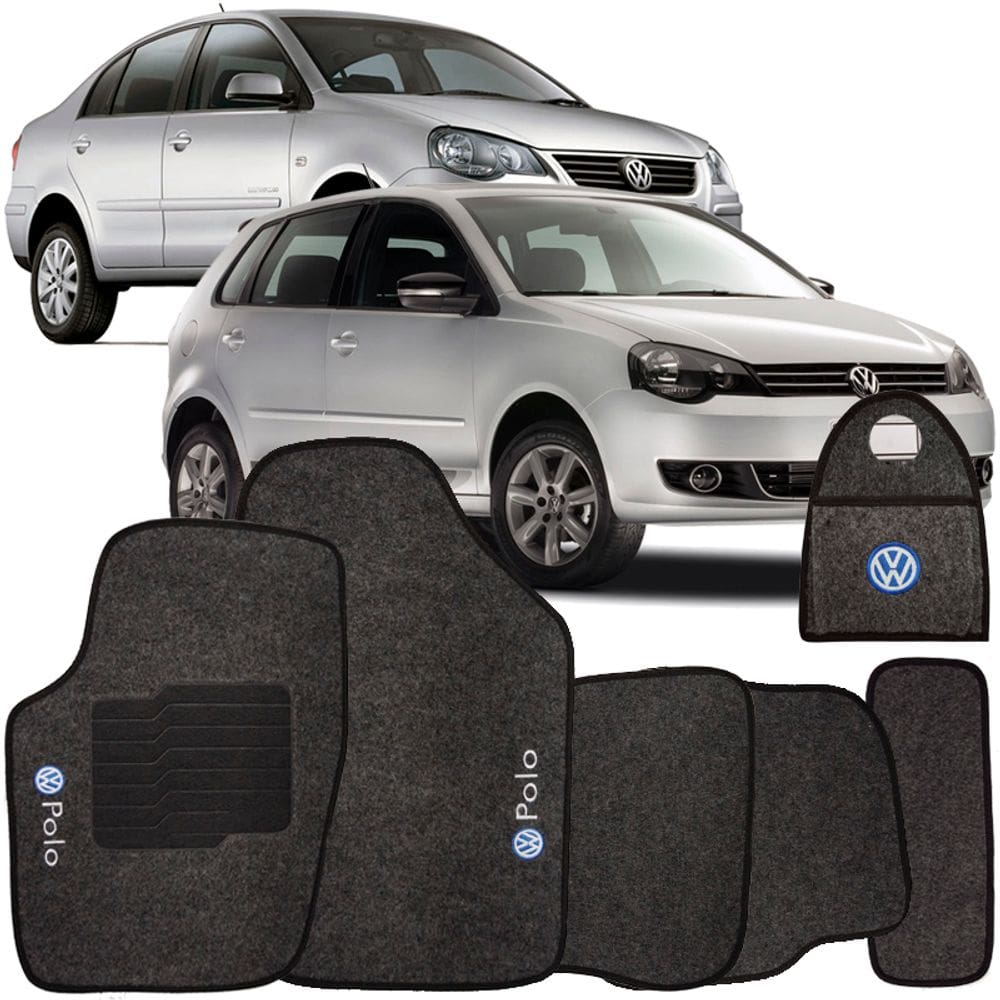 Jogo Tapete Automotivo Carpete + Lixeira Polo 2003 à 2015 Soft Logo Bordado Grafite 6 Pçs