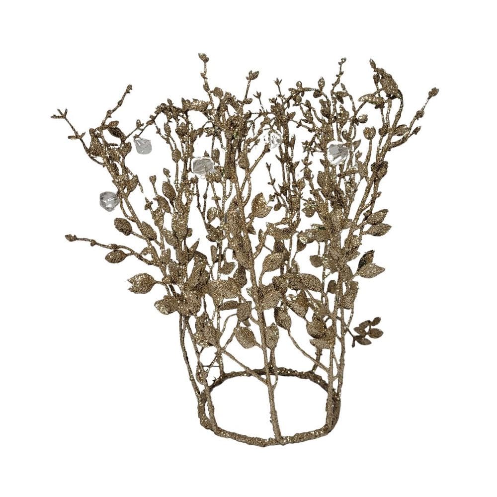Adorno Natalino Coroa de Folhagens Glitter Champanhe e Pingente Cristais 30cm - Bela Flor