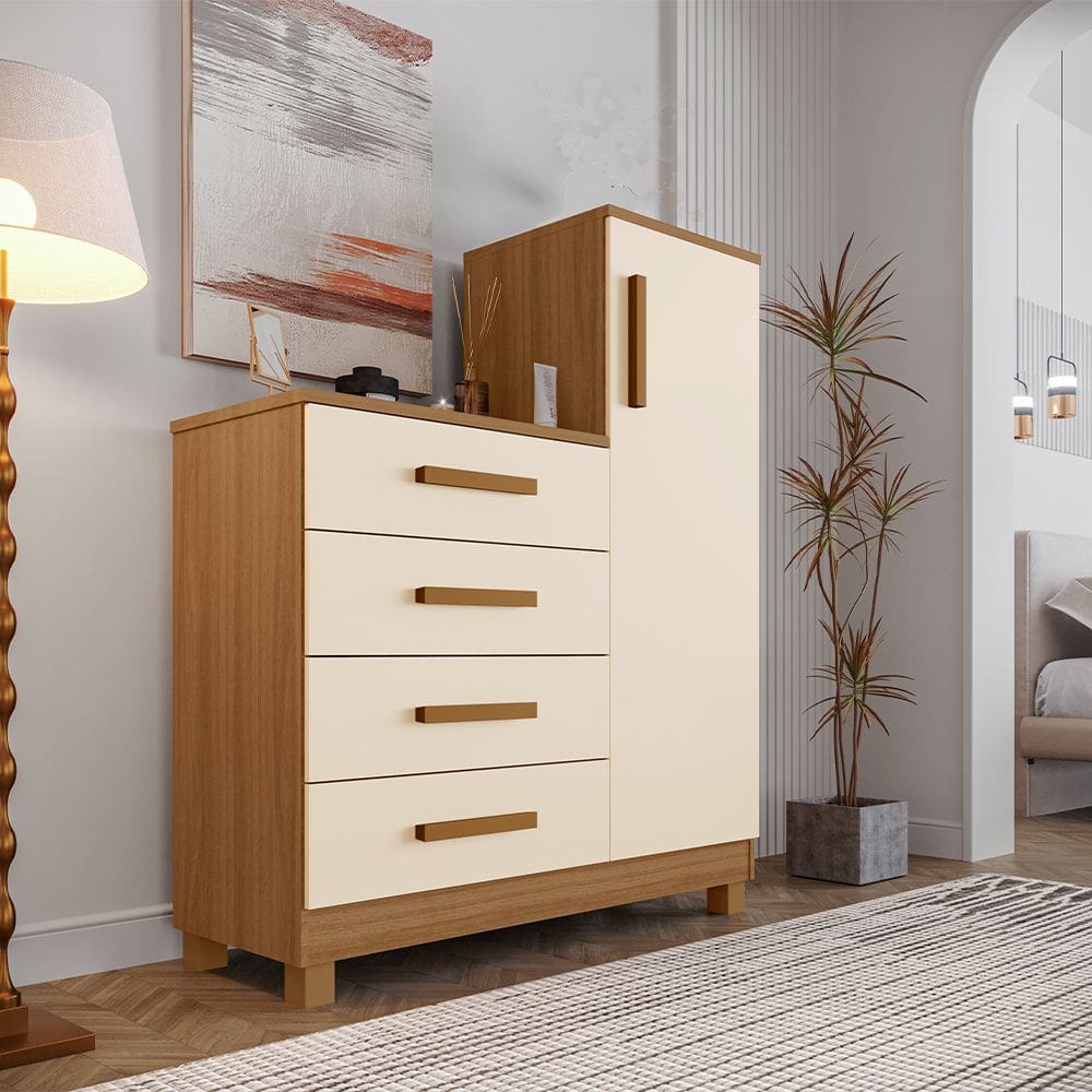 Comoda Off White Quarto Casal Sapateira Grande com 4 Gavetas Reforçadas Versátil Bege