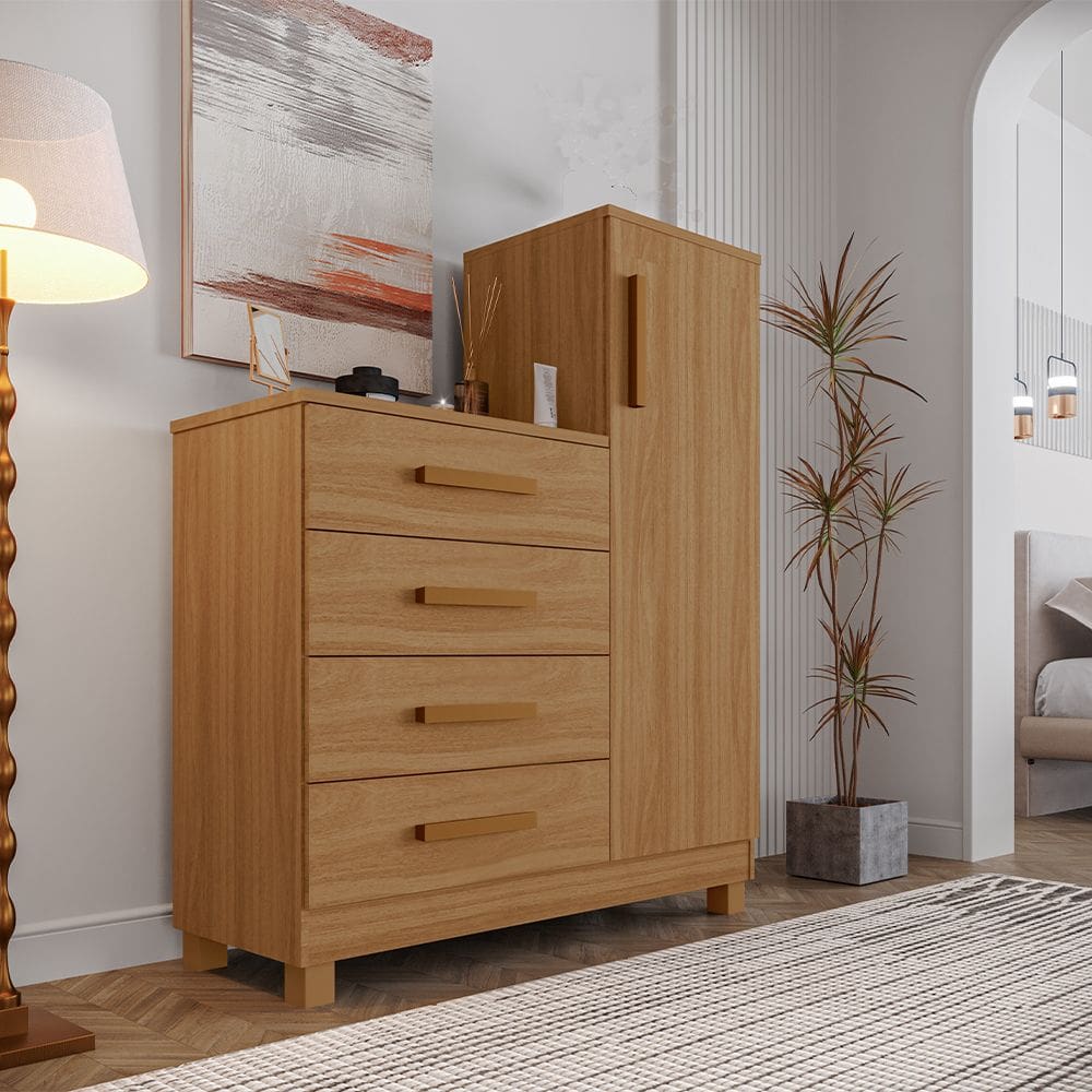 Comoda Quarto Casal Sapateira Grande com 4 Gavetas Reforçadas Versátil Savana Amadeirada