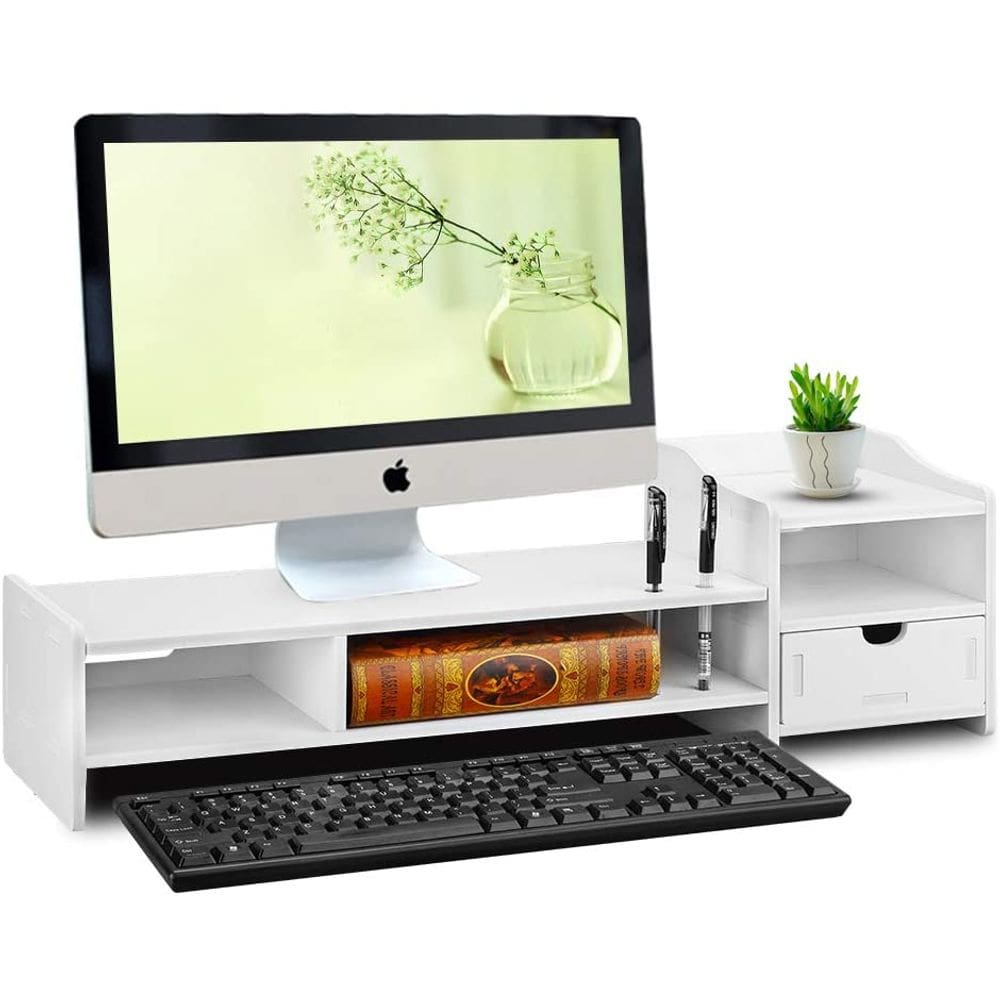 Suporte de monitor, prateleira de computador portátil com gaveta organizadora (branco)