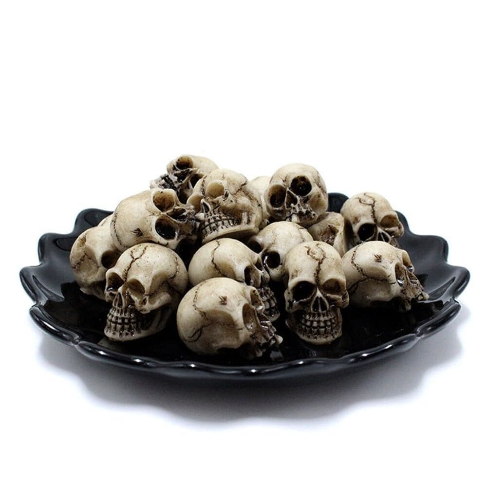 Conjunto de cabeças de caveira em miniatura, ornamentos de esqueleto de resina de Halloween
