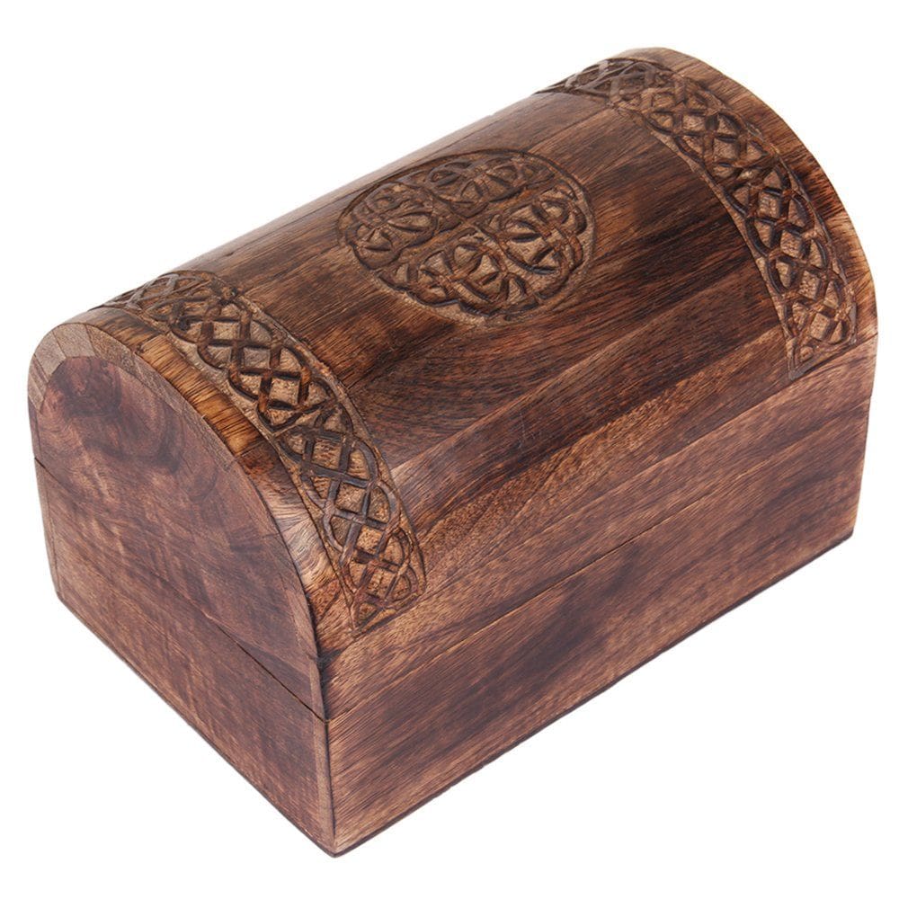 Caixa de armazenamento de joias de madeira rústica com esculturas celtas 15x8cm