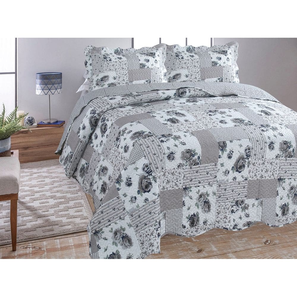 Jogo Colcha Cobre Leito Estampada Dupla Face King Ultrassonic 280x260cm - Colcha Jau Cinza