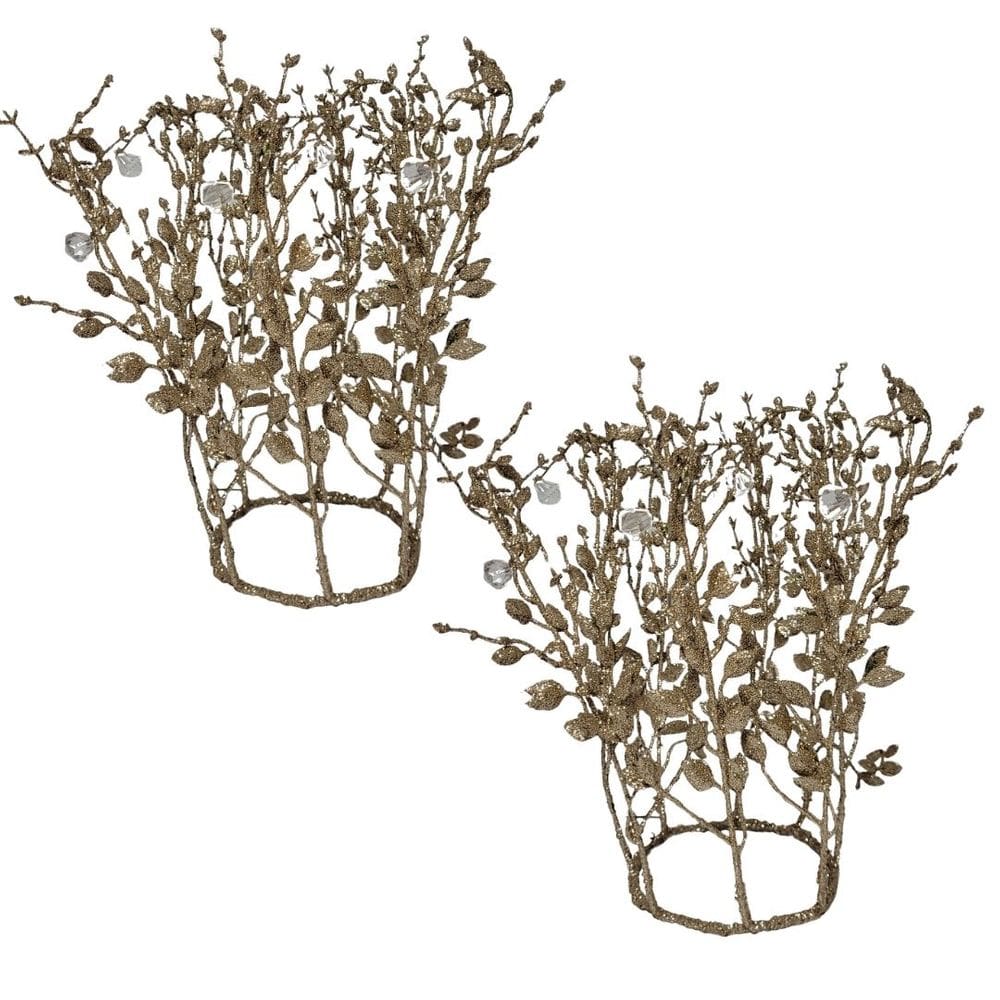Jogo 2 Adornos Natal Coroa Folhagens Glitter Champanhe e Pingente Cristais 30cm - Bela Flor