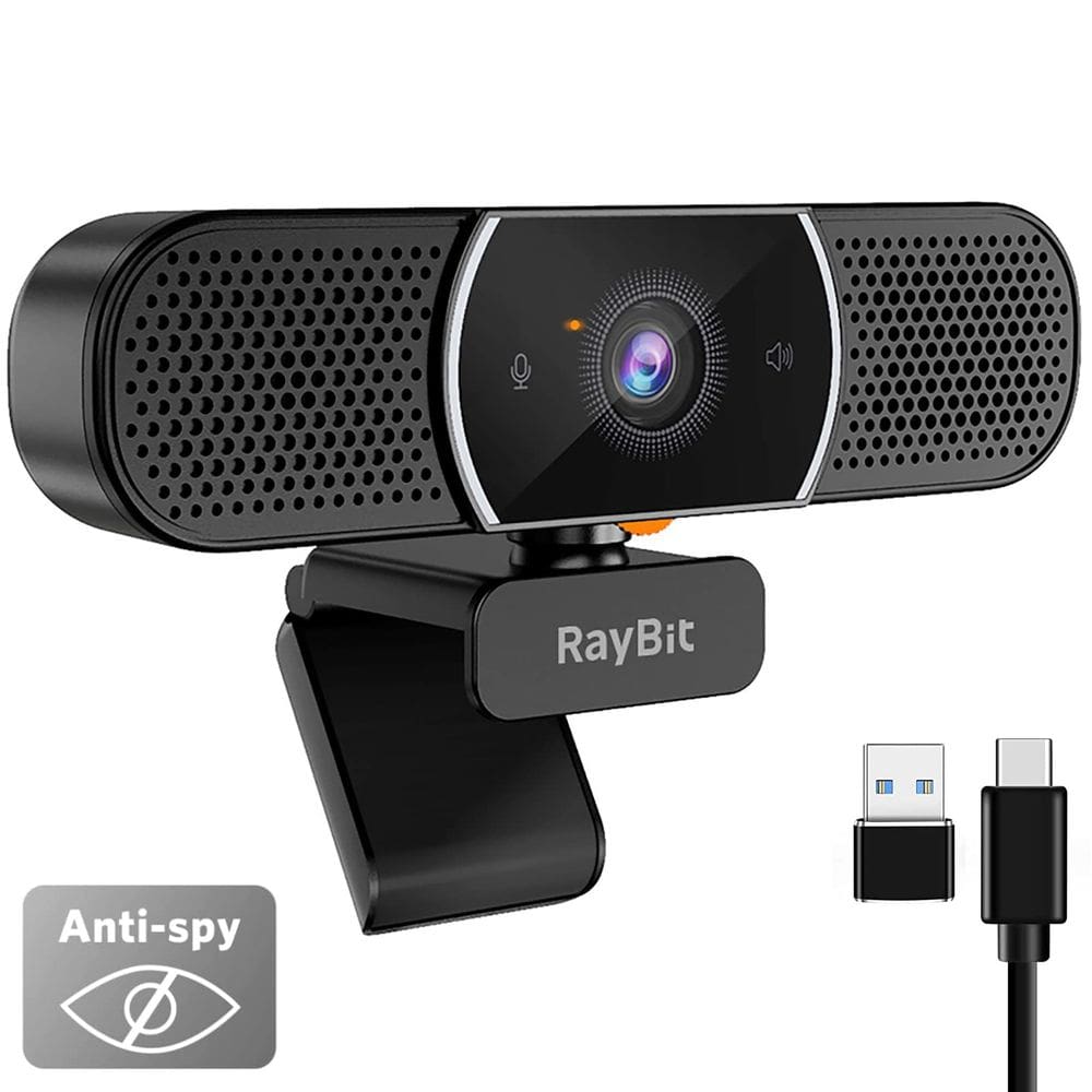 Webcam RayBit 2K HD USB C com microfone e alto-falante e capa de privacidade