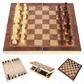 Conjunto de xadrez, dobrável, tabuleiro de xadrez de madeira, jogo 3 em 1