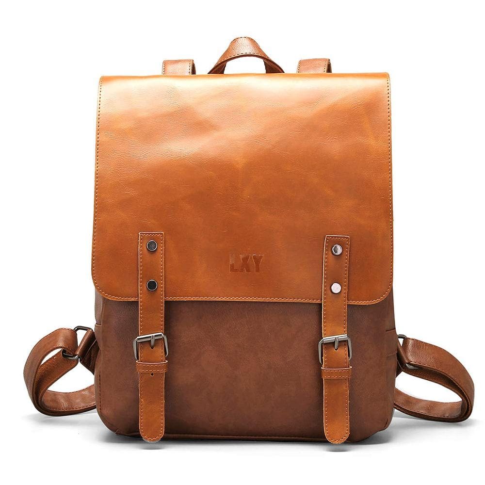 Mochila LXY Vintage Vegan Leather para mulheres e homens marrom